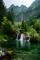Waterfall and Lake in Green Mountain Valley