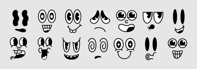 Funny and amusing trendy comic style faces. Smile, joy, sadness, anger. Facial expressions, heads. Groovy emoji. Happy characters. Hippie stickers. Vintage