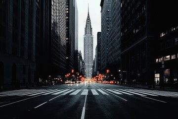 Naklejka premium City streets at night, elegant monochromatic style with rich shades of grey, subtle accents of red and varying red tones highlighting the city lights, cinematic lighting, intricate architecture, groun