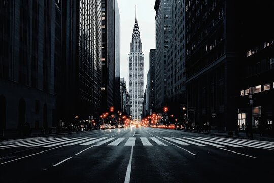 City streets at night, elegant monochromatic style with rich shades of grey, subtle accents of red and varying red tones highlighting the city lights, cinematic lighting, intricate architecture, groun