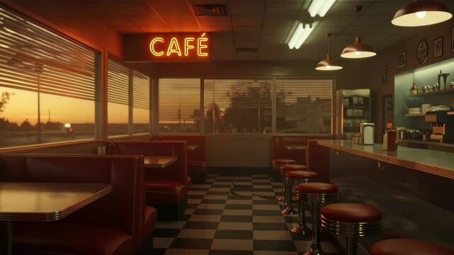 Vintage American Diner Interior with Neon Sign and Sunset View through Window Blinds
