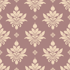 Damask seamless pattern with beige flowers and red background, vintage design, vector illustration elegant for textile, wall paper, curtains, cushion cover, bedding, scarf, upholstery fabric, rug 