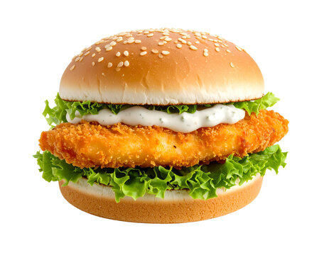 Crispy chicken sandwich with tzatziki on transparent background