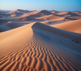 Sahara dunes display natural pleating akin to steam-ironed silk. Foreground focuses on wind-blown sand grains, midground captures undulating crest lines, background dissolves into mirage-like heat wav
