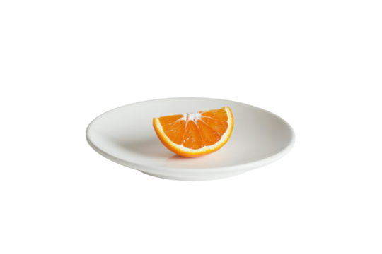 Orange Slice on Plate: A single segment of fresh orange rests on a small, simple white plate, offering a vibrant pop of color and a sense of refreshment.