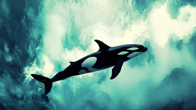 A black and white orca is swimming in the ocean. The image has a moody and mysterious feel to it, as the orca is surrounded by swirling water and clouds. The contrast between the dark