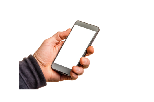 Hand Holding Smartphone: A close-up shot of a hand holding a smartphone with a blank screen, ideal for app demonstrations or showcasing mobile technology.
