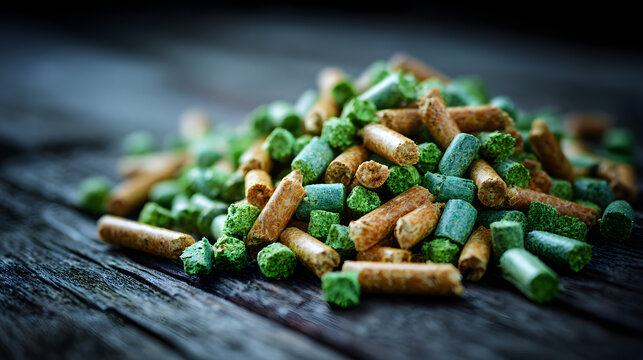 A pile of green and brown animal feed pellets on a rustic wooden surface.