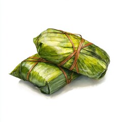 Naklejka premium Traditional wrapped rice cakes with green leaves tied with string on a clean white background showcasing Asian culinary culture
