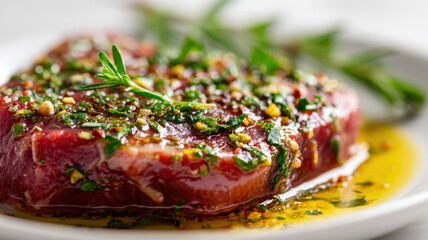 Marinating beef steak with herbs and oil