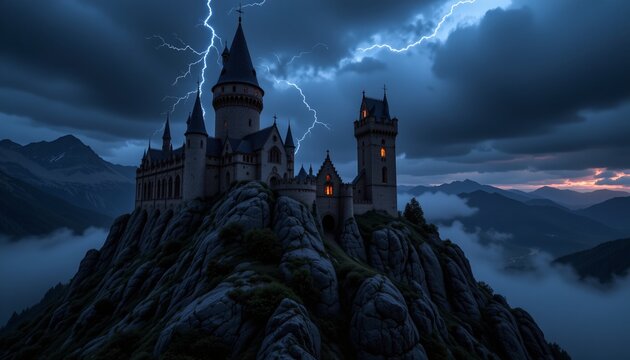 a gothic castle on a stormy peak, with lightning illuminating the turrets at midnight.