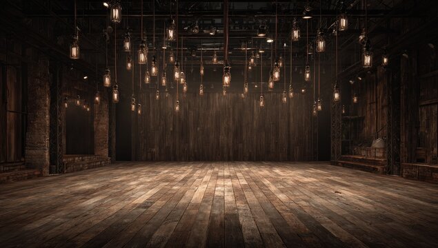 Industrial space, warm lighting, wooden floor