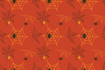 Fototapeta premium Seamless Halloween pattern with black orange spiderwebs spiders Repeating spooky vector background design perfect Wrapping paper Holiday decor Isolated Ochre background