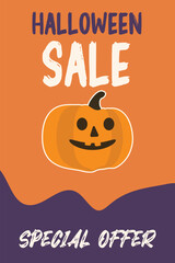 Vertical Halloween sale banner with laughing pumpkin, “Halloween Sale” and “Special Offer” text. Bright orange and purple color scheme. Festive vector design for autumn holiday promotions.