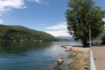 Landscape on Lake Ceresio, view from Porto Ceresio. Summer season,
