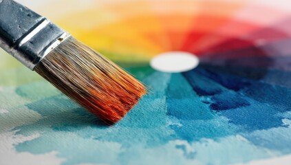 Fototapeta premium Paintbrush dipped in vibrant color over a color wheel