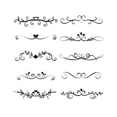 Set of Black Hand Drawn Rustic Doodle Design Elements. Decorative Floral Swirls, Scrolls, Text Frames, Dividers. Vintage Vector Illustration. 
