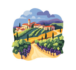 Illustration in vector style of vineyard in Italy, landscape.
