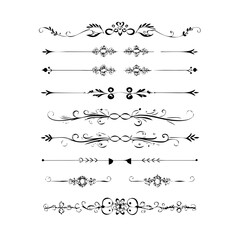 Obraz premium Set of Black Hand Drawn Rustic Doodle Design Elements. Decorative Floral Swirls, Scrolls, Text Frames, Dividers. Vintage Vector Illustration. 