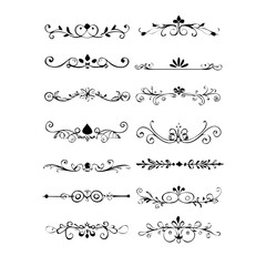 Obraz premium Set of Black Hand Drawn Rustic Doodle Design Elements. Decorative Floral Swirls, Scrolls, Text Frames, Dividers. Vintage Vector Illustration. 