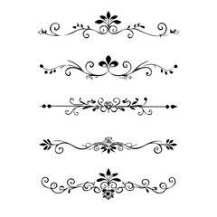 Set of Black Hand Drawn Rustic Doodle Design Elements. Decorative Floral Swirls, Scrolls, Text Frames, Dividers. Vintage Vector Illustration. 
