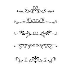 Set of Black Hand Drawn Rustic Doodle Design Elements. Decorative Floral Swirls, Scrolls, Text Frames, Dividers. Vintage Vector Illustration. 
