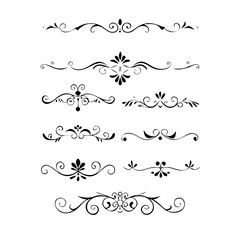 Obraz premium Set of Black Hand Drawn Rustic Doodle Design Elements. Decorative Floral Swirls, Scrolls, Text Frames, Dividers. Vintage Vector Illustration. 