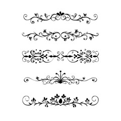 Set of Black Hand Drawn Rustic Doodle Design Elements. Decorative Floral Swirls, Scrolls, Text Frames, Dividers. Vintage Vector Illustration. 
