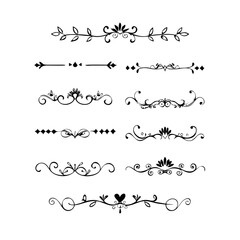 Set of Black Hand Drawn Rustic Doodle Design Elements. Decorative Floral Swirls, Scrolls, Text Frames, Dividers. Vintage Vector Illustration. 
