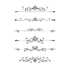 Fototapeta premium Set of Black Hand Drawn Rustic Doodle Design Elements. Decorative Floral Swirls, Scrolls, Text Frames, Dividers. Vintage Vector Illustration. 