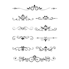 Set of Black Hand Drawn Rustic Doodle Design Elements. Decorative Floral Swirls, Scrolls, Text Frames, Dividers. Vintage Vector Illustration. 
