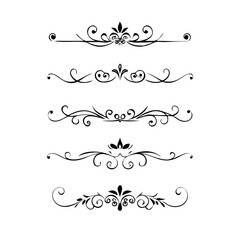 Fototapeta premium Set of Black Hand Drawn Rustic Doodle Design Elements. Decorative Floral Swirls, Scrolls, Text Frames, Dividers. Vintage Vector Illustration. 