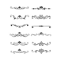 Fototapeta premium Set of Black Hand Drawn Rustic Doodle Design Elements. Decorative Floral Swirls, Scrolls, Text Frames, Dividers. Vintage Vector Illustration. 