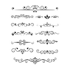 Obraz premium Set of Black Hand Drawn Rustic Doodle Design Elements. Decorative Floral Swirls, Scrolls, Text Frames, Dividers. Vintage Vector Illustration. 