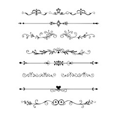 Set of Black Hand Drawn Rustic Doodle Design Elements. Decorative Floral Swirls, Scrolls, Text Frames, Dividers. Vintage Vector Illustration. 
