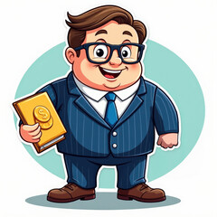 Joyful Cartoon Businessman Holding Ledger: Finance, Wealth, Success Concept