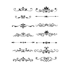 Set of Black Hand Drawn Rustic Doodle Design Elements. Decorative Floral Swirls, Scrolls, Text Frames, Dividers. Vintage Vector Illustration. 
