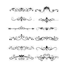 Set of Black Hand Drawn Rustic Doodle Design Elements. Decorative Floral Swirls, Scrolls, Text Frames, Dividers. Vintage Vector Illustration. 
