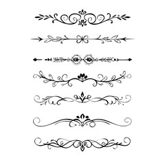 Set of Black Hand Drawn Rustic Doodle Design Elements. Decorative Floral Swirls, Scrolls, Text Frames, Dividers. Vintage Vector Illustration. 
