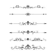 Set of Black Hand Drawn Rustic Doodle Design Elements. Decorative Floral Swirls, Scrolls, Text Frames, Dividers. Vintage Vector Illustration. 

