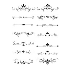 Obraz premium Set of Black Hand Drawn Rustic Doodle Design Elements. Decorative Floral Swirls, Scrolls, Text Frames, Dividers. Vintage Vector Illustration. 