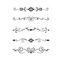 Set of Black Hand Drawn Rustic Doodle Design Elements. Decorative Floral Swirls, Scrolls, Text Frames, Dividers. Vintage Vector Illustration. 
