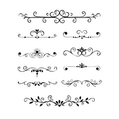 Obraz premium Set of Black Hand Drawn Rustic Doodle Design Elements. Decorative Floral Swirls, Scrolls, Text Frames, Dividers. Vintage Vector Illustration. 