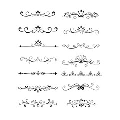 Obraz premium Set of Black Hand Drawn Rustic Doodle Design Elements. Decorative Floral Swirls, Scrolls, Text Frames, Dividers. Vintage Vector Illustration. 
