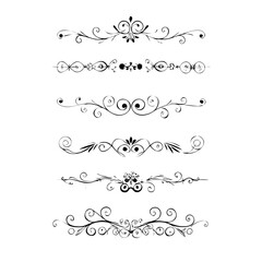 Obraz premium Set of Black Hand Drawn Rustic Doodle Design Elements. Decorative Floral Swirls, Scrolls, Text Frames, Dividers. Vintage Vector Illustration. 