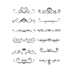 Set of Black Hand Drawn Rustic Doodle Design Elements. Decorative Floral Swirls, Scrolls, Text Frames, Dividers. Vintage Vector Illustration. 
