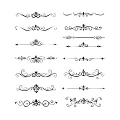 Obraz premium Set of Black Hand Drawn Rustic Doodle Design Elements. Decorative Floral Swirls, Scrolls, Text Frames, Dividers. Vintage Vector Illustration. 