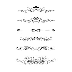 Obraz premium Set of Black Hand Drawn Rustic Doodle Design Elements. Decorative Floral Swirls, Scrolls, Text Frames, Dividers. Vintage Vector Illustration. 