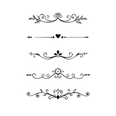 Decorative simple divider. Text dividers retro minimal line separators, elegant doodle frame borders. Vector isolated geometric wedding card heart separator elements set. 

