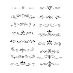 Obraz premium Decorative simple divider. Text dividers retro minimal line separators, elegant doodle frame borders. Vector isolated geometric wedding card heart separator elements set. 